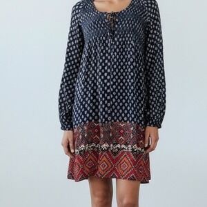 Altar'd State Women's Dress Small Navy Bohemian Printed Long Sleeve Mini NEW‎